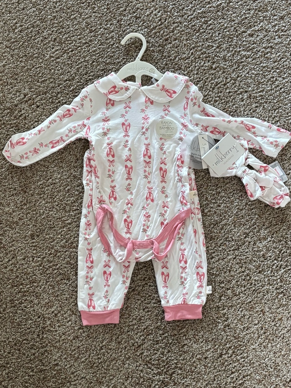 MILKBERRY 3 Piece Infant Bamboo Outfit Shirt Pants Headband NWT Sz 6-9 month